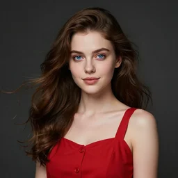 a portrait of a cute woman, long brown hair, wavy hair, blue eyes, wearing a red sundress, button nose, round face, soft chin, strong jawline, soft facial features, chubby cheeks, very detailed digital art, dynamic lighting, moody atmosphere, dark background, facing forward, slight smile, hyperrealistic portrait art by greg rutkowski, craig mullins