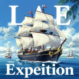 a poster with letters for a film animation called the last expedition, ( about an big ship expedition to a tropical island ), sunny day, blue tropical sea, ships passing by, delicate features finely detailed perfect art, gapmoe yandere grimdark, trending on pixiv fanbox, painted by greg rutkowski makoto shinkai takashi takeuchi studio ghibli