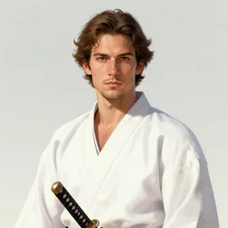 Ren is a man of average build. Light skin and wavy brown hair swept over his ears. Some light stubble on his face. He wears a white yukata and carries a katana. Craig Mullins. featured on artstation