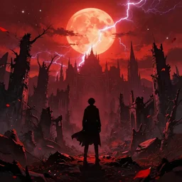populated bloodborne old valley with a dark person at the centre and a ruined gothic city in the background, trees and stars in the background, falling red petals, epic red - orange moonlight, perfect lightning, wallpaper illustration by niko delort and kentaro miura, 4 k, ultra realistic