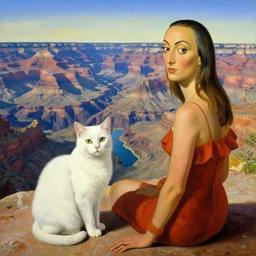 painting of a white cat and human female by salvador dali, grand canyon, river, mountains, lake
