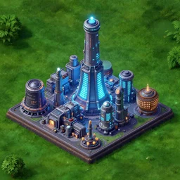 isometric game graphic stylized futuristic combined cycle powerplant, led lights, high technology, starcraft, masterpiece, green grass background blizzard pixar maya engine global illumination lighting artstation