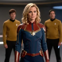 Captain Marvel, in Starfleet uniform, in the role of Captain Kirk in a scene from Star Trek the original series