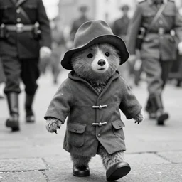 paddington bear returning from the war, black and white