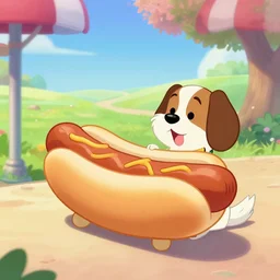 of a dog in the style of disney!! cell shading style!! selling hot dogs on a sunny day