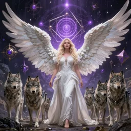 beautiful fantasy character portrait, ana de armas, ultra realistic, wide angle, intricate details, the fifth element artifacts, raised by wolves, ridley scott, tesseracts, highlights of purple, highly detailed by peter mohrbacher, hajime sorayama, wayne barlowe, boris vallejo, paolo eleuteri serpieri, dishonored 2, white gown, angel wings, transcendent beauty,
