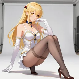 Worksafe. Illustration, close-up, elegant blonde princess posing in empty photo studio, wearing leotard, jewelry, elbow gloves, choker, pantyhose tights, high heels. Silk, nylon, latex, satin, frills, laces. Anime style at Pixiv, Danbooru and ArtStation, by krenz cushart, makoto shinkai, tony taka, ilya kuvshinov, extremely detailed, HD, high quality, perfect.
