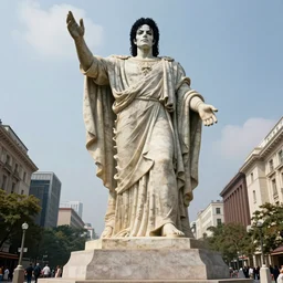 extremely massive, huge, 3 d rendered, godly roman stone statue, ruler, landmark of michael jackson billie jean pose, with hat, centre piece of city full wide shot, full body, massive motion blur, real life, spotted, leaked, ultra realistic, accurate, sighting, 4 k, movie still, uhd, sharp, detailed, cinematic, render, modern