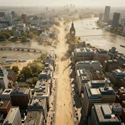 London from above, the streets are full of sand, the Thames is dry, there's a heatwave and a mirage effect, apocalyptic future, anamorphic, cinestill cinematography, unreal engine, 8k
