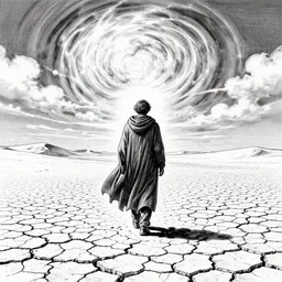 a man in a cloak walking on a desertic and crackled landscape, swirly clouds, art by aaron horkey and moebius, black and white ink, high details, cinematic, cgsociety 8 k