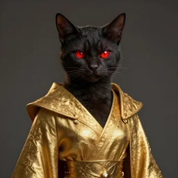 Humanoid catfolk dungeons and dragons wearing a golden robe. Evil red glowing eyes. Artstation, highly detailed, 8k