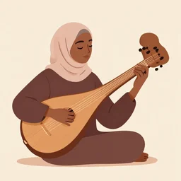 hijabi lute player playing the lute, dark skin, victo ngai, kilian eng, lois van baarle, flat