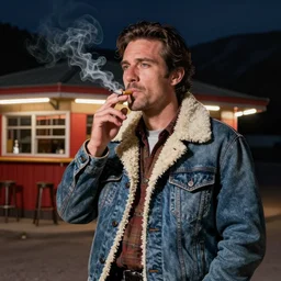 a man in a shearling denim jacket smokes a cigarette outside a lonely colorado bar, high quality high detail art by angus mcbride & n. c. wyeth, hd, realistic facial features, advanced raytracing, night scene, composition inspired by gregory crewdson.
