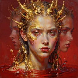 3 d, close - up, boiling liquid gold and red water, frown fashion model, poster art, high detail, intricate oil painting, multiple exposure, hell mood, hyperrealism, 3 d, by tooth wu and wlop and beeple and greg rutkowski