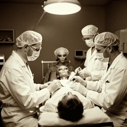 an alien autopsy, realistic, vintage, grainy, old style photo, sepia, dark, medical lighting, masked doctors