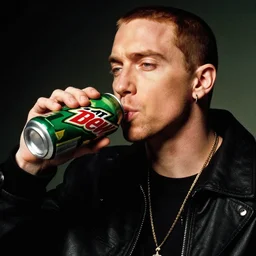 eminem drinking mtn dew on a sunday night, moody lighting, photorealistic