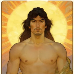 portrait of brave tribe man in ancient china with huge sun burning in background, by alponse mucha