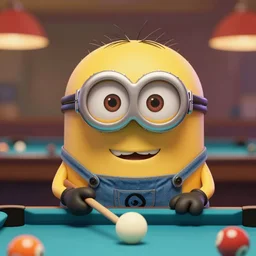 very beautiful portrait of an extremely cute and adorable minion playing pool, smooth, perfect face, fantasy, character design by mark ryden and pixar and hayao miyazaki, sharp focus, concept art, harvest fall vibrancy, intricate detail, cinematic lighting, hyperrealistic, 3 5 mm, diorama macro photography, 8 k, 4 k