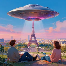 very relaxing wide shot of ufo above magical paris landscape, realistic render, vivid colors, artstation, by elsie driggs, peter blume, charles demuth, greg rutkowski