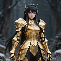 full shot portrait focus of beautiful darkness knight 3D anime girl, golden armor wearing, dark forest background, snowing, bokeh, inspired by Masami Kurumada, digital painting, high contrast, octane render, volumetric lighting, high détail