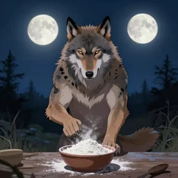 wearwolf, tall, begging for a bowl of flour, at night full moon