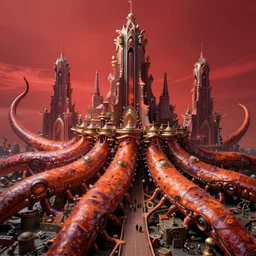 hyperrealistic ornate sky city of atlantis on giant orange and purple cyborg tentacles matte painting concept art alex grey kay sage sorayama cinematic soft red lighting high angle hd 8k sharp shallow depth of field