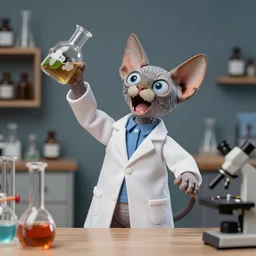 a stopmotion sphynx cat who is a mad scientist in a lab coat lifting beakers and cackling maniacally in his laboratory
