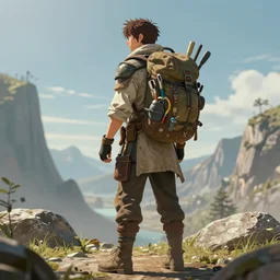 an intricate concept art of a explorer nomad with backpack full of tools, full body shot, back - view, anime style, global illumination, digital art, photorealistic movie still, style ivan talavera and artgerm, hyper realistic, photorealistic, octane render, trending on artstation, cgsociety, cinematic light, 8 k