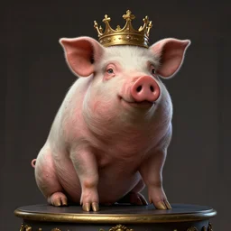 a pig with a crown sitting on top of a table, a character portrait by vladimir kush, zbrush central contest winner, fantasy art, zbrush, dystopian art, rococo