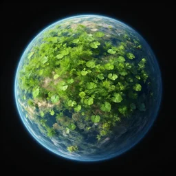 planetary view of a clear water planet with green plants grown throughout and floating on top, realistic, high detail, 4 k, clear water, lily pad
