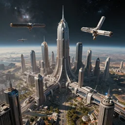 hyper realistic epic space city, detailed surrealism, space city, space station, space background, futuristic city, ultra realistic, octane render, 8 k. art by ron walotsky.