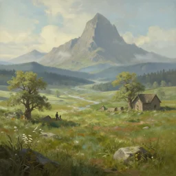 Peaceful landscape painting in the style of Skyrim