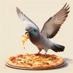 a pigeon eating a pizza with its wings, digital art