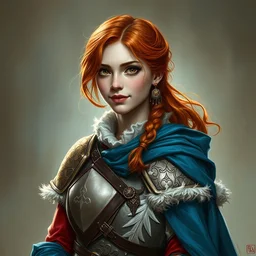 a young shy smile red head bard woman, ( ( ( colorful leather armor ) ) ) white fluffy gown, blue cloak, portrait by daniel docciu and dave dorman and artgerm