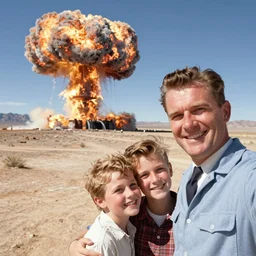 Nuclear explosion in the Nevada desert in the distance, smiling family taking selfie, 1955 art, Norman Rockwell