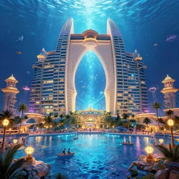 exterior huge clean architecture, digital art, royal atlantis underwater palace, a lot of lights and people, magical fantasy and vibrant, trending on artstation
