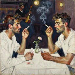 oil painting in the style of john craxton. sailors in the shadows of jazz club. cretan. forearm. talking. cheekbones. looking. strong expressions on faces. smoke. holding cigarettes. playing cards. scratch. strong lighting. brush. single flower. in the style of ivon hitchins. seated figure hands on table in cafe. line drawing. high detail.