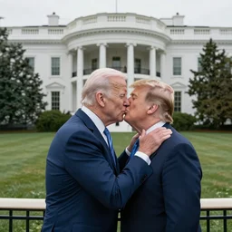 Joe Biden and Trump kissing in front of the white house, hyper realistic, 4k