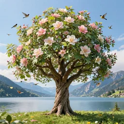 a beautiful awesome artistic tree in the summer with falling flowers like leaves and many birds, all in the amazing outdoors view, mountain in the background, lake, long exposure, 8 k resolution, trending on artstation