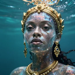 hyperrealistic full body very expressive! translucent african goddess, cinematic underwater scene, gold jewerly, highly detailed face, digital art masterpiece, smooth eric zener cam de leon, dramatic pearlescent turquoise light on one side, low angle uhd 8 k, shallow depth of field