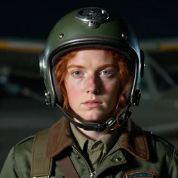 realistic portrait of a redhead pilot, green, night, helm, facing camera, photo realistic, detailed, 1 9 4 5, 8 k, hyper realism