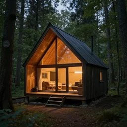 a cozy brutalist cabin deep in the forest primeval, dusk, warm light, photorealistic