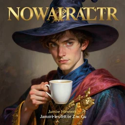the cover of an anthropomorphic beautiful young male scientist portrait holding cup of coffee wearing colourful robe, big eye, wizard hat, fine art, award winning, intricate, elegant, sharp focus, octane render, hyperrealistic, wizard hat cinematic lighting, highly detailed, digital painting, 8 k concept art, art by jamie hewlett and z. w. gu, masterpiece, trending on art