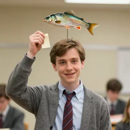 proud dwight schrute holding a tiny piece of paper and a fish above his head by rubins