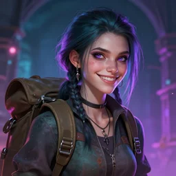 detailed character full face portrait of a skinny feminine alt art concept art androgynous adventurer merchant salesman rucksack smirking artgerm greg rutkowski mucha ross tran magical atmosphere neon colors