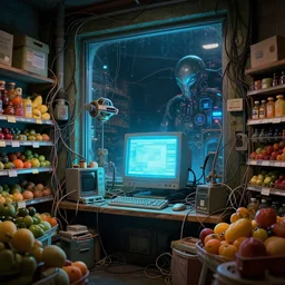 fruit store, retrofuturism, cluttered, wires everywhere, computer, window, at night, lit only by the luminescent computer screen, dramatic lighting, alien technology, detailed by simon stalenhag