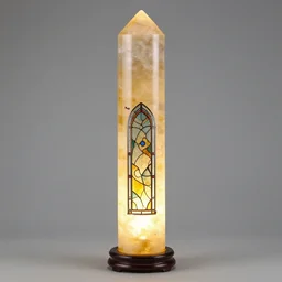 Amber, quartzite, crystal cylinder, 38cm tall, column tapering-up, glowing, power-cell, translucent, inset metal stained glass