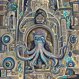 Blue. epic composition, ancient biomechanical temple, underwater, bioluminiscent octopus gorilla, Tomb Raider (2018), tropical Island, Kong: Skull Island (2017), Lost series, Action, from jurassic World (2015), from pacific rim (2013) from King kong (2005), farcry, cryengine, cgsociety, ArtStation, by drew struzan, by James gurney