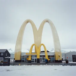 a photo of a mcdonalds located in the middle of antarctica, realistic, detailed, bad quality, washed photo
