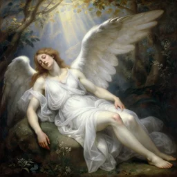 beautiful ethereal renaissance painting of a white angel dying from a wound delicate elegant garden beams of light sun, highly detailed, realistic